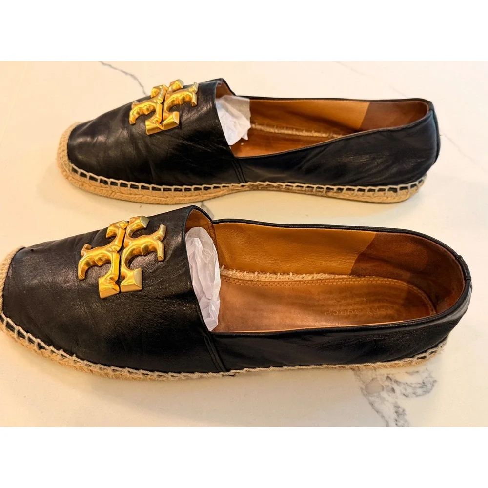 Tory Burch Elanor Black Leather Espadrille Flats Gold Logo Size 9.5